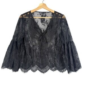 Elie Tahari Blouse Popover Shirt top nylon lace long sleeve Women's Size S black